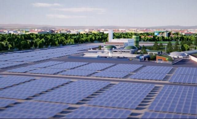 Recreación de todo el complejo de plantas y el parque fotovoltaico proyectados para León capital.